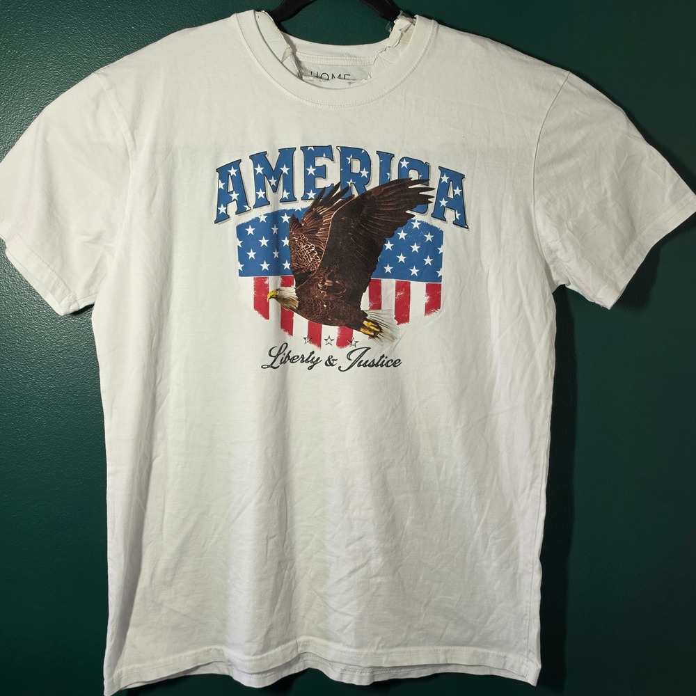 Home of the Brave Mens XL America Eagle Flag Graphic T-Shirt White Cotton